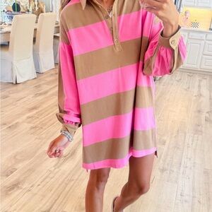 Pink and Mocha Striped Long Sleeve Oversized Dress or Shirt